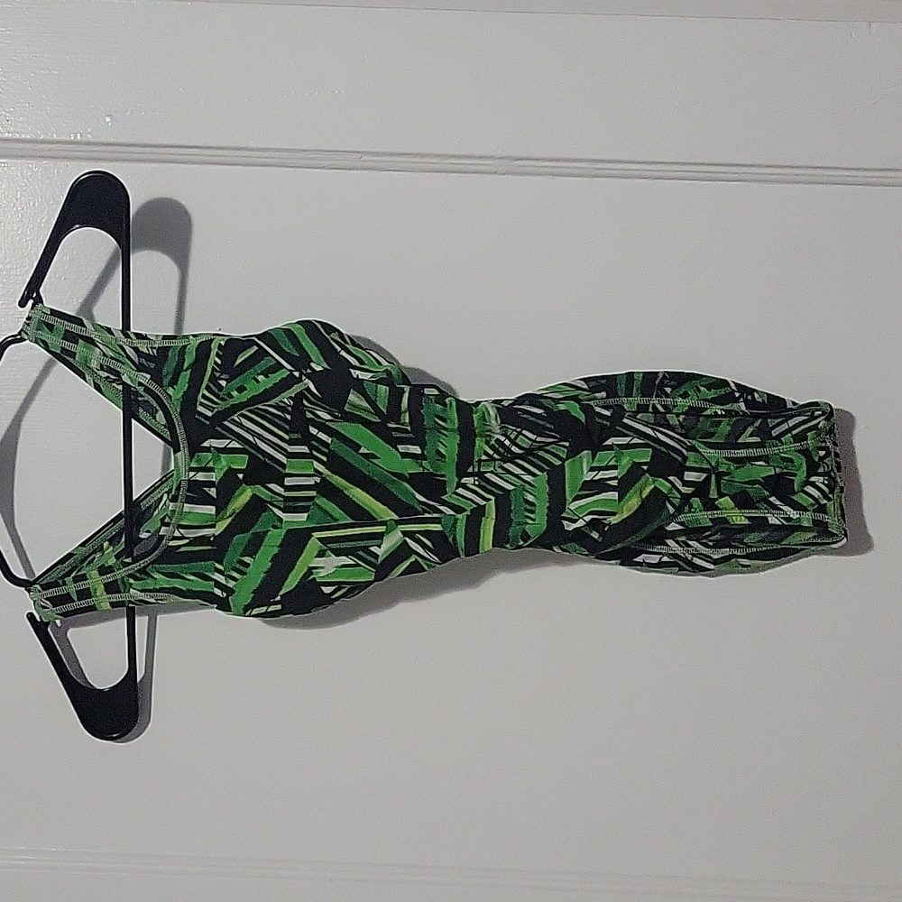 Black,  green and white striped one piece speedo, open back bathing suit. Size 2